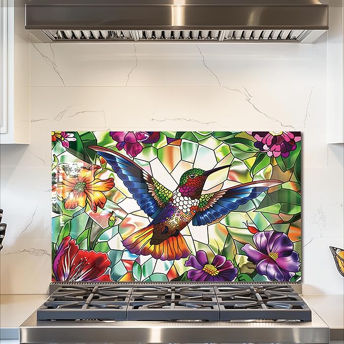 fzxwyishu Tempered Glass Kitchen Backsplash, Stove Back Top Cover, Splashback Tile,Hummingbird Kitchen Sink Cover Splash Guard, Home Kitchen Decor (Art Deco 2, 30"x18"(76.2x45.72cm))