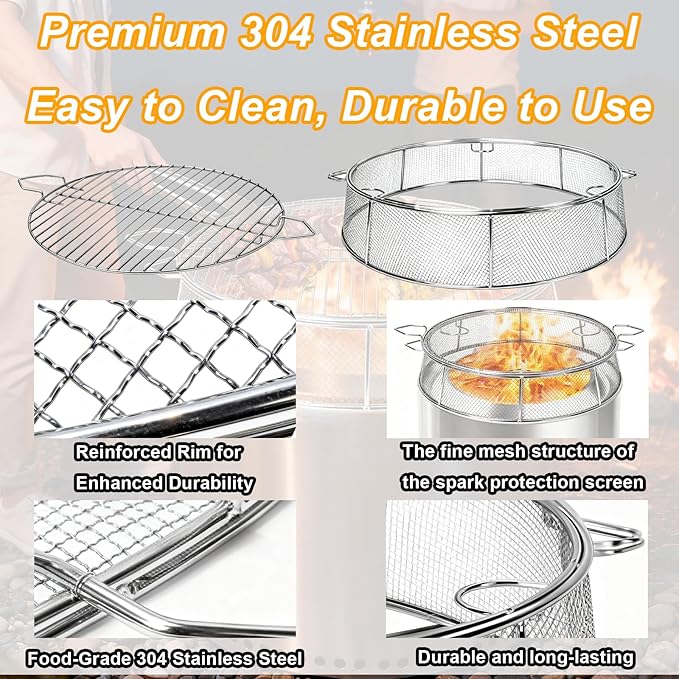 Fire Pit Spark Shield Cover & Cooking Grate for Solo Stove Bonfire 19.5 Inch, 304 Stainless Steel Fire Pit Accessories with Stand & 2 Guide Sticks, All-in-One Lid, Spark Screen and Grill Grate