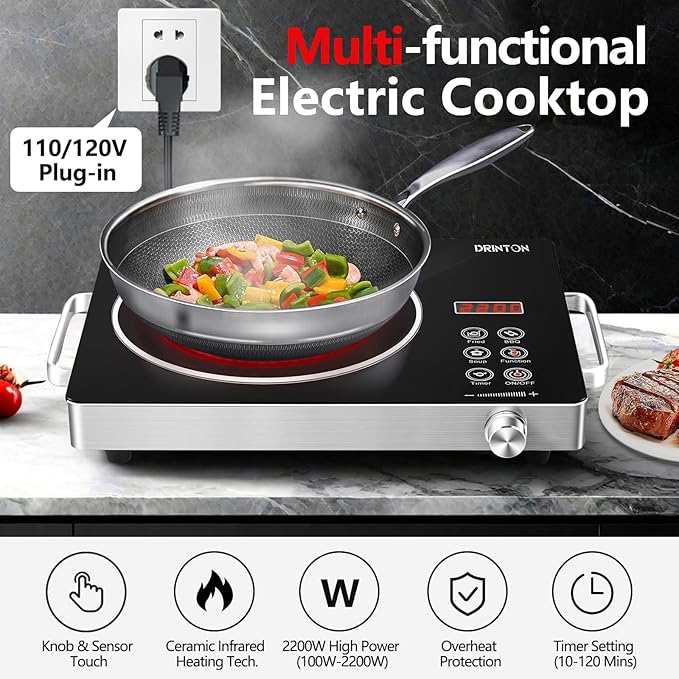 Electric Cooktop Hot Plate, 2200W 110V Electric Single Burner with 2H Timer, Adjustable Temperature for Countertop Cooking, Portable Stove Top Infrared Cooker, Compatible for All Cookwares