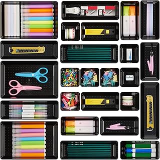Vtopmart 25 PCS Office Desk Drawer Organizers Set, 4-Size Versatile Plastic Drawer Organizer Trays, Storage Bins for Desk Accessories Office Organizers and Storage, Bathroom, Makeup, Vanity, Black