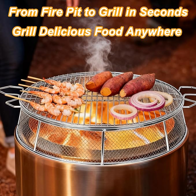 Fire Pit Spark Shield Cover & Cooking Grate for Solo Stove Yukon 27 Inch, 304 Stainless Steel Fire Pit Accessories with Stand & 2 Guide Sticks, All-in-One Lid, Spark Screen and Grill Grate