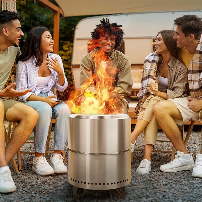 BRIOPAWS Large Smokeless-fire-pit Outdoor | 15 IN | 304 Stainless-Steel-Firepit | Portable Solo Fire Pits for Outside, Camping | Low Smoke Stove | Wood Burning Chimenea, Inclu. Bag, BBQ Forks, Handles