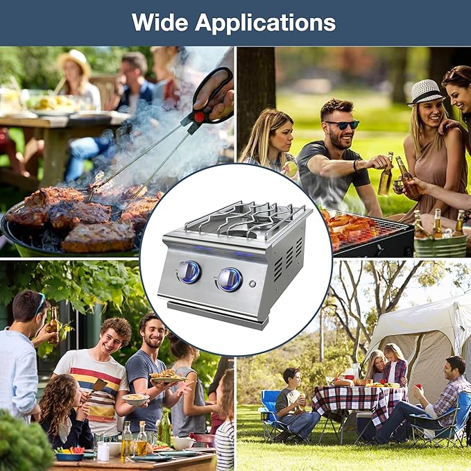 Double Grilling Side Burners for Outdoor Grill, Sturdy 304 Stainless Steel, with Liquid Propane Kit, Drop-in Side Burner for Outdoor Kitchen BBQ Island, 2 * 15,000BTU Natural Gas Side Burner