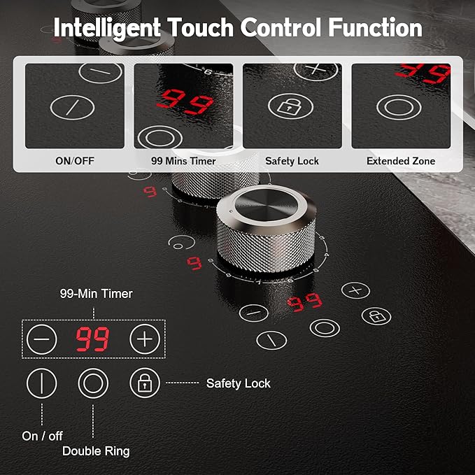 36 Inch Electric Cooktop 5 burner Karienvir, 8900W Built-in Electric Stove Top, Cooktop 36" with Double-ring Burner, Knob & Touch Control, 9 Power Levels, Timer, Safety Lock, 220V-240V Hard Wire