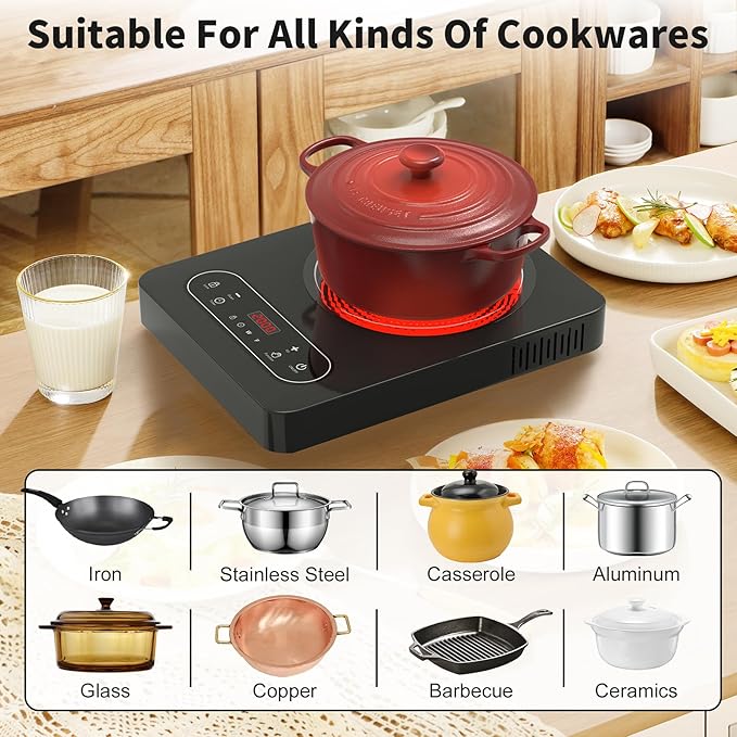 VBGK Single Burner Electric Cooktop,110V 1800W Electric Stove Top with LED Touch Control,10 Power Levels, 4 hTimer, Safety Lock,Portable cooktop,Overheat protection