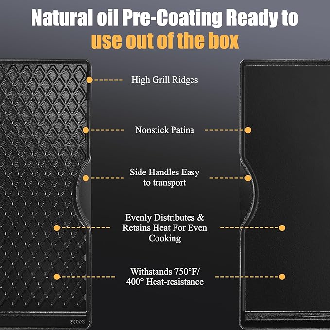 Grill Griddle for Weber Spirit 200 Series, 17.5" Porcelain-Enameled Cast Iron Reversible Grill Plate for Weber Spirit E210 E220 S210 S220 & Spirit II E210 E220, Nonstick Flat Top BBQ Griddle Pan