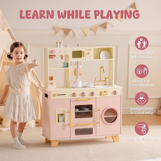 ROBOTIME Kids Play Kitchen, Modern Wooden Toy Kitchen with Ice Maker, Coffee Maker, Oven, Microwave, Toaster, Stove, Dishwasher & Sink, Ultimate Kids Kitchen Playset for Ages 3+