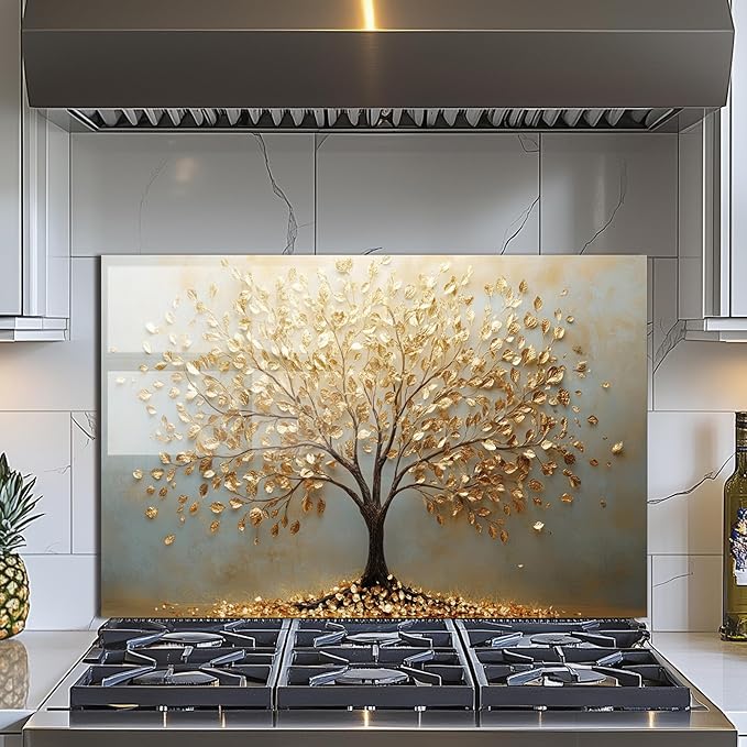 Evgosm Tempered Glass Backsplash for Kitchen， Stove Splashback, Tree of Life Glass Backsplash, Used for Kitchen Wall Protection and Decoration, Easy to Install and Clean. (30x20'')