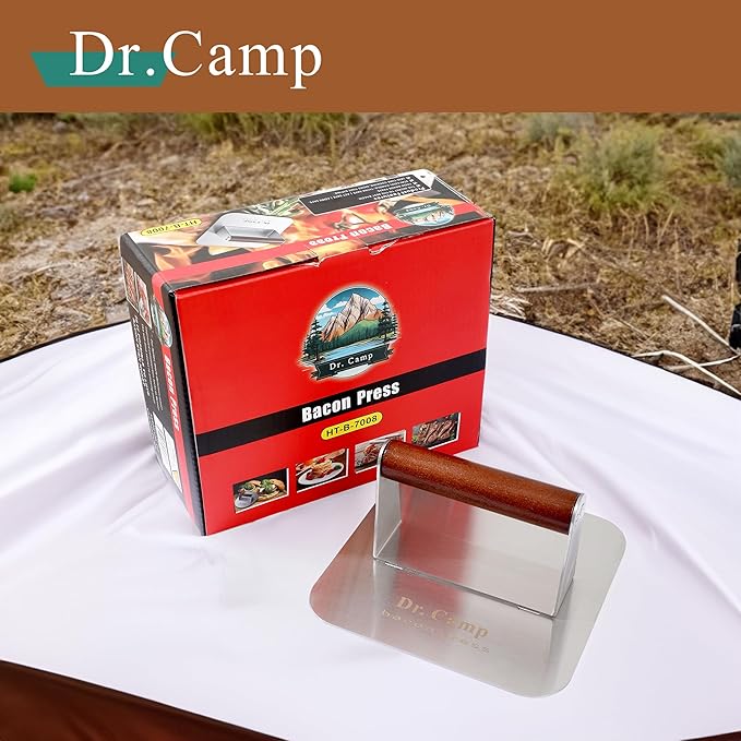 Dr.Camp 7 Inch Stainless Steel Burger Press with Real Wood Handle Heavy Duty Bacon Press Grill Press for Griddle Flat Top Smash Burger Press Hamburger Smasher Meat Press (Square)