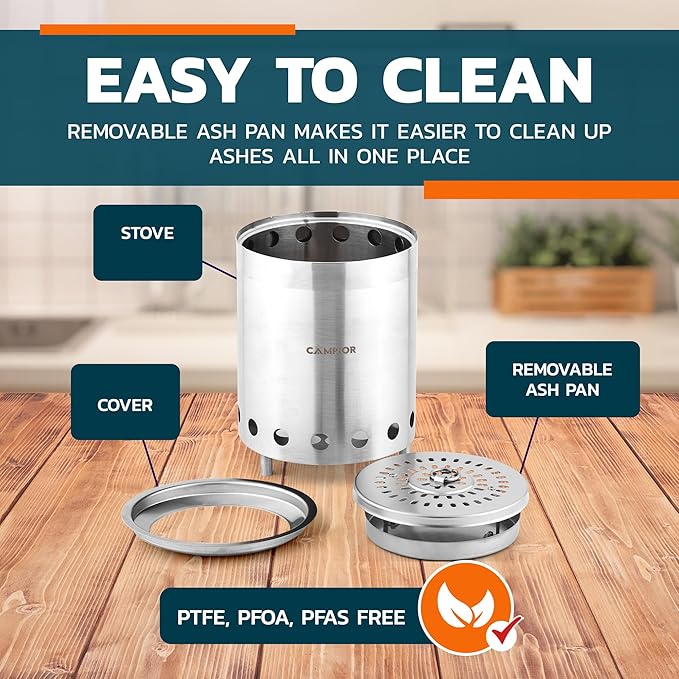 Campior Wood Burning Fire Pit Stove - Smokeless Outdoor Stove for Efficient Wood Fires, Camping, Cooking, and Garden Gatherings, Durable, Stainless Steel with Removable Ash Pan, Stand and Carry Bag