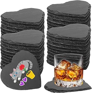 48 PCS Slate Drink Coasters Bulk,4 Inch Black Slate Stone Coasters for Office, Home Decor,Laser Engraving Blanks with Anti-Scratch Bottoms for Coffee Bar Kitchen Heart