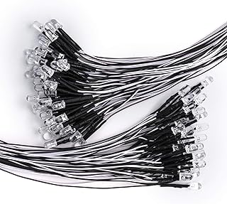 DiCUNO 100Pcs 5MM Pre Wired 12V Daylight White LED Diodes, 9.4 Inch/24CM Ultra Bright Light Emitting Diodes Assorted Color Kit Box for Circuit Science Experiment, DIY Lighting Projects