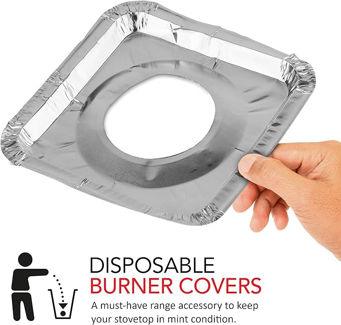 Disposable Gas Burner Liners (50 Pack) Aluminum Foil Square Gas Stove Burner Covers - 8.5 Inch Gas Range Protector, Stove Top Covers for Gas Burners, Foil Liners to Catch Oil, Grease, and Food Spills