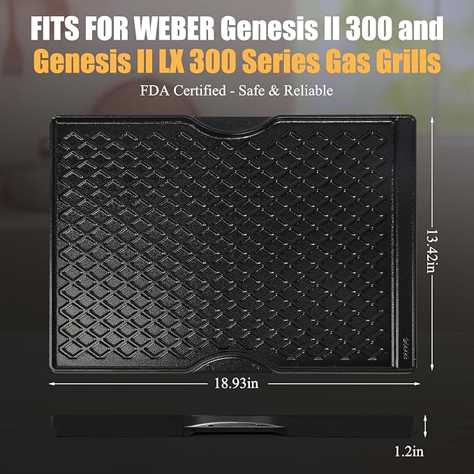 Cast Iron Griddle for Weber Genesis II 300 Series Replacement for Genesis II E-310 E-315 E-325 E-330 E-335 S-310 S-335 S-345 & LX 300 (2017+), 18.75" x 13.25" Flat Top Grill Plate 66095 66802 66805