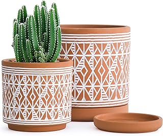 D'vine Dev Set of 2 Terracotta Pots, Diamond Pattern Planter Pot, 4 Inch and 6 Inch, Pot with Drainage Hole and Saucer, Terracotta/White, 31-958-G-1