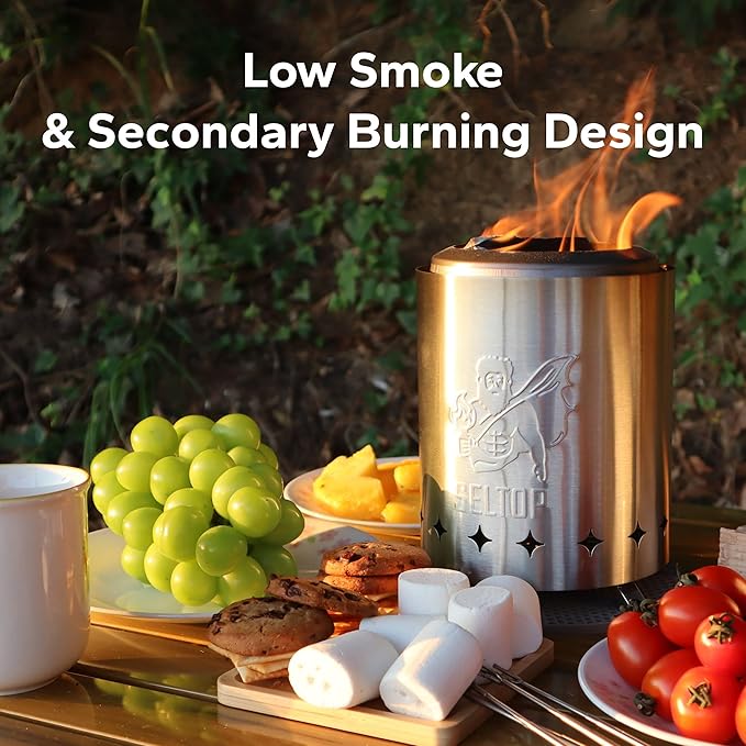 SELTOP Smokeless Tabletop Fire Pit 8.4 x 5.9 in, Stainless Steel Low Smoke Camping Stove for Patio & Outdoor, Fueled by Pellets & Wood, Portable Mini Firepit with Travel Bag, 4 Sticks & BBQ Grill