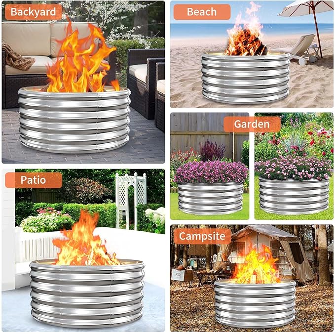 39 Inch Fire Pit Ring for Outside, 17'' Tall Heavy Duty Firepit,Wood Burning, DIY In Ground or Above-Ground, Outdoor Heavy Duty Galvanized Steel Fire Pits for Backyard Bonfire, Patio & Camping