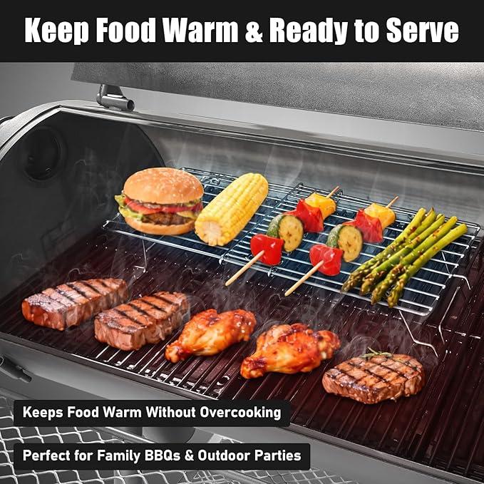 Universal Grill Rack for Gas Grill & Pellet Smoker, Adjustable Warming Rack Upper Rack with Foldable Legs, Stainless Steel Expandable 15.3–22.1 in, Fits Griddle & Smoker Grills