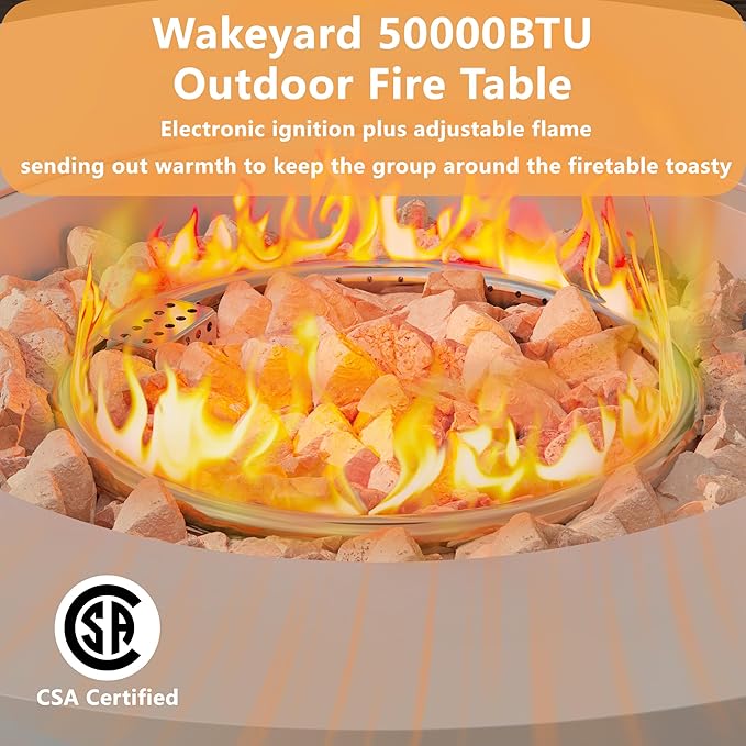 32.5 inch Outdoor Propane Fire Pit Table, 50000 BTU Round Patio Fire Pit Table with Lid, Waterproof Cover, 10ft Gas Hose & Gas Tank Base, Lava Rocks, CSA Certified, Grey