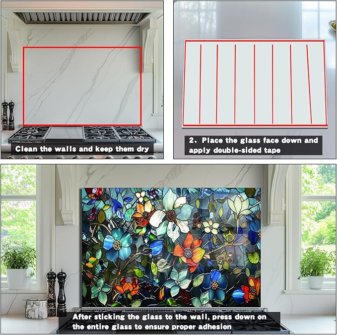 Evgosm Tempered Glass Backsplash for Kitchen，Pixel Flower Stove Splashback, Glass Backsplash, Easy to Install and Clean, Used for Kitchen Wall Protection and Decoration. (30x24'')