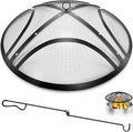 Fire Pit Spark Screen, 40 Inch Outdoor Fire Pit Screen with Handle & Poker, Heavy-Duty Steel Fire Pit Cover Round Mesh Replacement Firepit Screen for Backyard/Beach/RV Camping