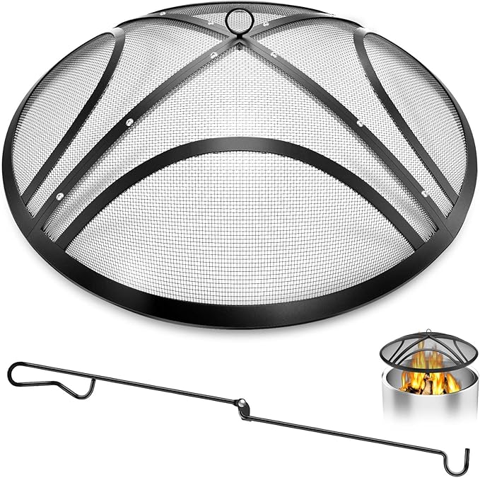 Fire Pit Spark Screen, 40 Inch Outdoor Fire Pit Screen with Handle & Poker, Heavy-Duty Steel Fire Pit Cover Round Mesh Replacement Firepit Screen for Backyard/Beach/RV Camping