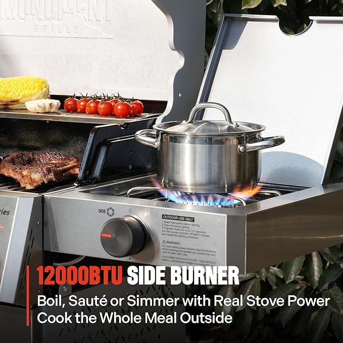 Monument Grills 4+1 Burner Stainless Steel 525 sq.in Propane M2 Gas Grill, 49,000 BTU, 500°F in 5 Mins, Outdoor Patio Grill with Broil Zone, 1 Side Burner, Foldable Side Shelf, with Paper Towel Rack