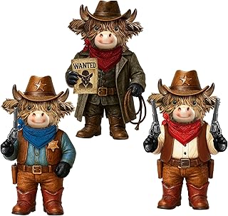 3 Pcs Western Cowboy Highland Cow Resin Figurine Wild West Highland Cow Gnomes with Cowboy Hat Guns Resin Statue for Garden Table Shelf Herd Gifts Home Decor Calf Gnome