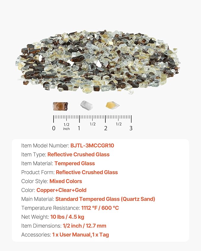 VEVOR Fire Glass, 10 lbs, Copper + Clear + Gold, 1/2 Inch High-Temperature Resistant Reflective Glass Rocks, Smokeless Fire Pit Stones for Outdoor Table & Landscaping