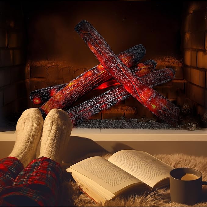 Tuanse 4 Pcs 16 in Flameless Fake Fire Log Spring Summer Beach Camping Themed Party Decorations Fake Campfire Battery Operated Artificial Fire Pit for 4th of July Easter Party Decor