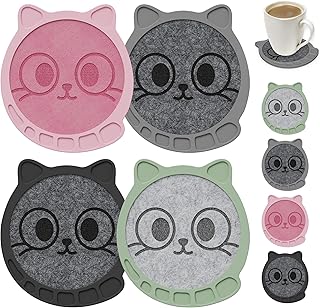 Coasters for Drinks(Set of 4, Large) Gifts for Cat Lover Cute Coffee Table Home Decor with Absorbent Felt Pads Silicone Base, Cup Mat for Tabletop Protection
