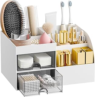 Makeup Organizer with 2 Drawers, Makeup Organizers Countertop for Vanity and Bathroom, Make up organization and Skincare Storage with Brush Holder, for Dresser, Desktop, Cosmetic Display Case (White)