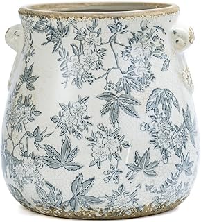 Vintage Grey Ceramic Ice Crack Glaze Flower Pot with Drainage Holes and With Handle, Country Rustic Planters for Indoor and Outdoor,Tuscan Decor,Home,Living Room, Garden Decor, Gardening Gift (Grey)