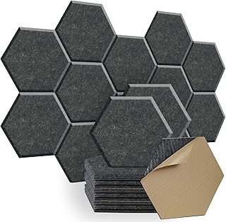 SHJADE 12 Pcs Acoustic Panels, Hexagon Sound Proof Padding, Self-Adhesive 12" X 10" X 0.4" Sound Dampening Panels, Acoustic Treatment for Studio, Home(Sesame Black)