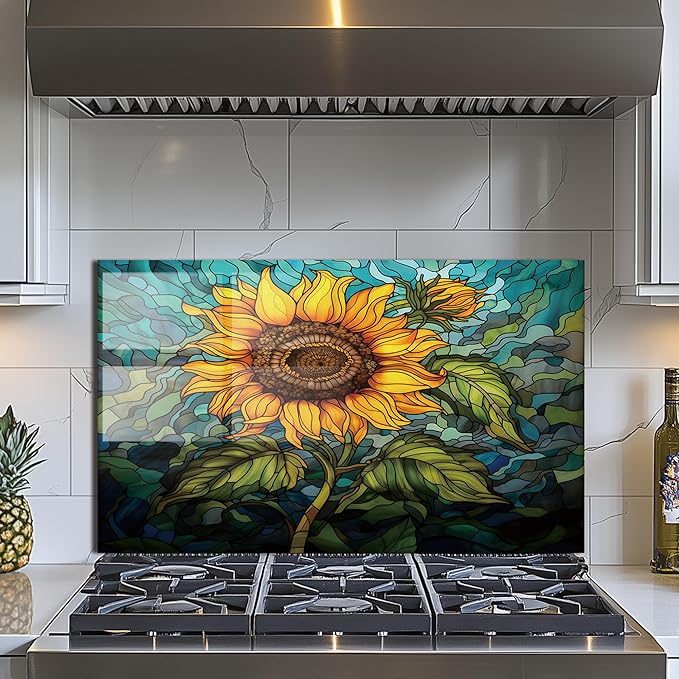 Evgosm Tempered Glass Backsplash for Kitchen, sunflower Stove Splashback, Glass Backsplash, Used for Kitchen Wall Protection and Decoration, Easy to Install and Clean. (30x18'')