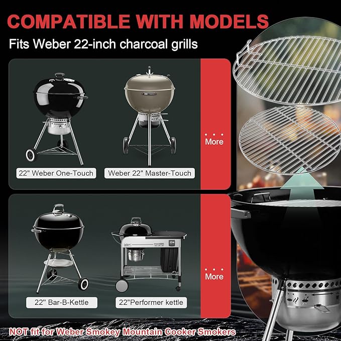 7435 7441 Grill Grate for Weber 22 Inch Kettle Charcoal Grill, 22" Cooking Grate for Weber Master Touch 22, Performer, Jumbo Joe Premium, Original Kettle Accessories, Stainless Steel –Easy Clean
