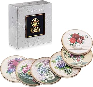 Absorbent Ceramic Rustic Coasters for Drinks Drink Coaster Set - Cute 4 Inch Novelty Coasters with Cork Back for Home, Office, Restaurant - Coffee Table, Desk, Kitchen Decor - Set of 6