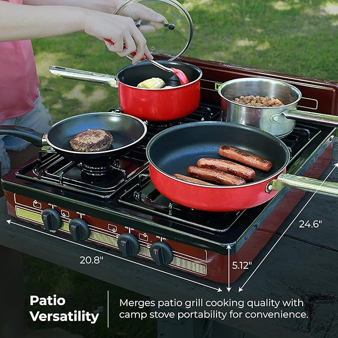 Koblenz Victoria PFK-400A 4 Burner Gas Stove, 16,000 BTU Portable Cooktop, Porcelain Cover, Manual Ignition, LP Gas, Outdoor Gas Stove for Camping, Tailgating, Cookouts, Bronze