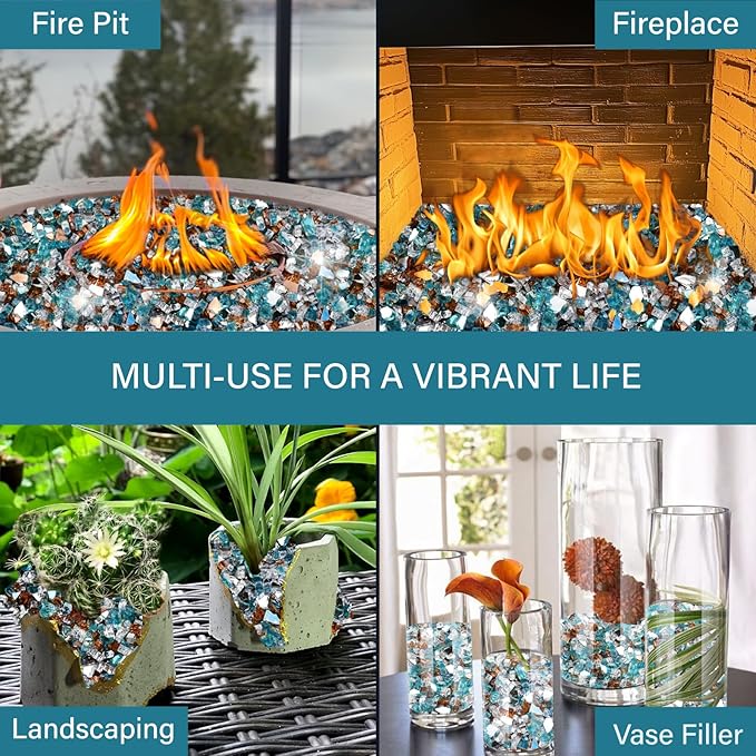 NUPICK 5 Pound Fire Glass, 1/2 Inch Reflective Fire Pit Glass, Tempered Firepit Glass Rock for Propane or Natural Gas, Glass Rocks for Fire Pit Table or Fireplace, Aqua Blue & Copper & Platinum Mix