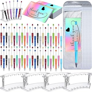Tenceur 148 Pcs Beadable Pen Set Back to School Gift 48 Plastic Beadable Pen 48 Resealable Pouch Bag 48 Thank You Cards 4 Pcs Plastic Pen Holder Clear Display Stand for Student(Bright Color)