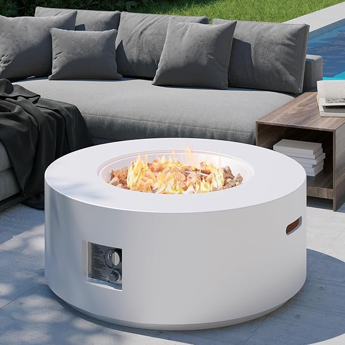 32.5 inch Round Propane Fire Pit, 50000 BTU Gas Fire Pit Table with Steel Lid, Waterproof Cover, 10ft Gas Hose & Gas Tank Base, Lava Rocks, White