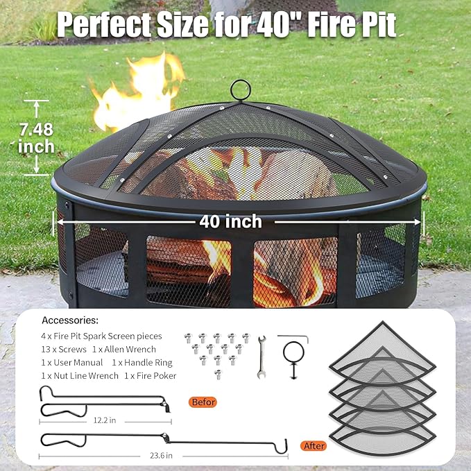Fire Pit Spark Screen, 40 Inch Outdoor Fire Pit Screen with Handle & Poker, Heavy-Duty Steel Fire Pit Cover Round Mesh Replacement Firepit Screen for Backyard/Beach/RV Camping