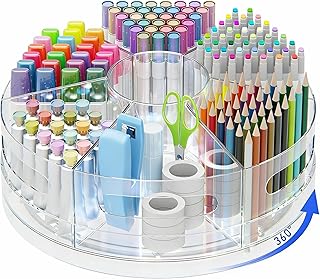 CraftGenes Rotating Desk Organizer, 360° Acrylic Pen Organizer for Desk with 7 Removable Compartments, Extra-Large Pen Holder for Office Supplies, Markers, and Art Supplies, Clear Pencil Holder