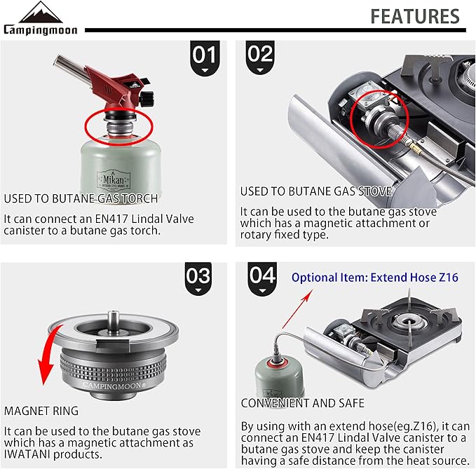 camping moon Camping Gas Stove Adapter, Input: EN417 Lindal Valve Canister, Output: Butane Gas Stove Z13M