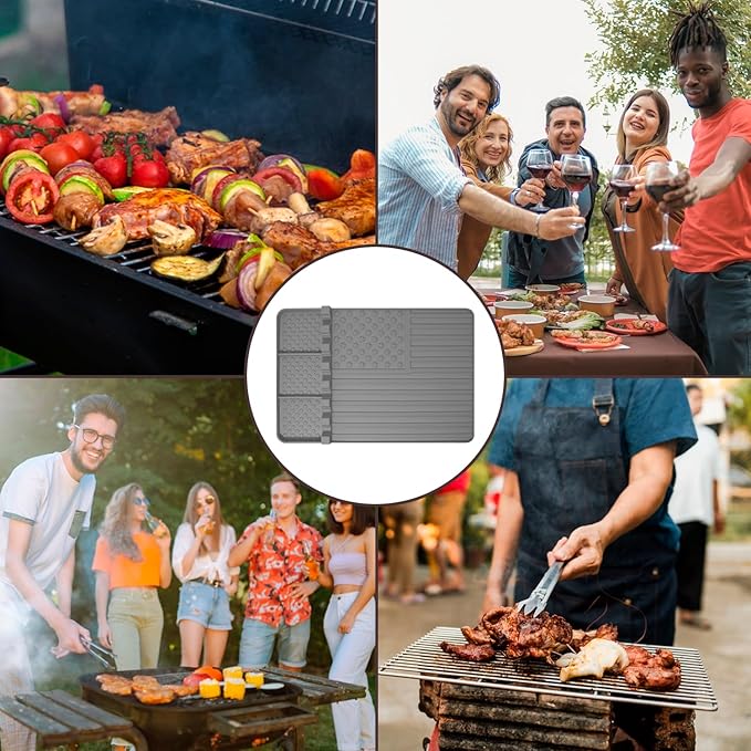 2 PCS Silicone Grill Mat Compatible with Blackstone, BBQ Griddle Tools Mat with Drip Pad, Spatula for Outdoor Kitchen Counter, Gifts for Men (Grey-2)