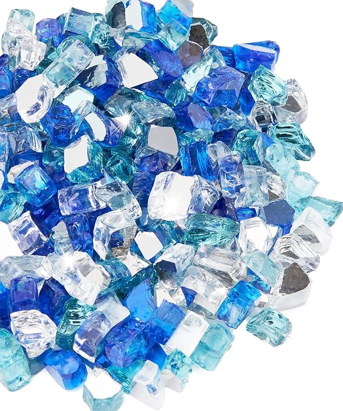 NUPICK 20 Pound Fire Glass for Fire Pit, 1/2 Inch Tempered Mixed Fire Glass in Bahama Blend for Propane Fire Pit & Gas Fireplace, Blue and White Fire Glass Rock