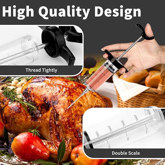 Turkey Meat Injector Syringe Kit with 3 Marinade Needles for BBQ Grill Smoker, 1 Cleaning Brush, 1.7 Oz/50 ml Large Capacity Injector Marinades for Meats Black