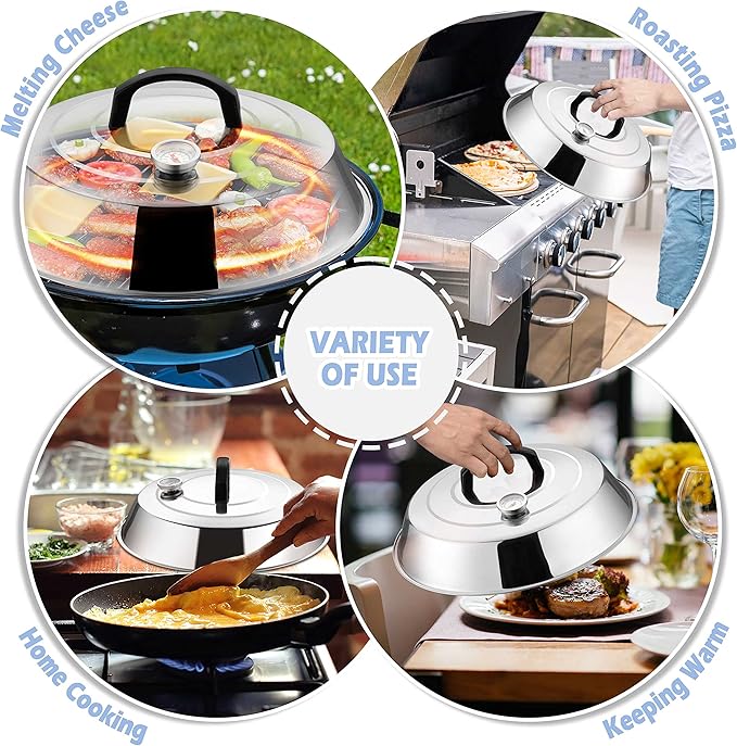 12 Inch Cheese Melting Dome Set of 2, Joyfair Basting Cover for Griddle Grilling Outdoor Camping/Flat Top Teppanyaki, Stainless Steel Lids with Heat-Proof Handle, Dishwasher Safe (with Thermometer)