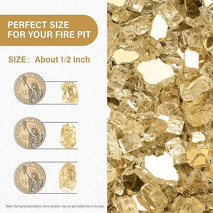NUPICK 10 Pound Fire Glass for Pit, 1/2 Inch Tempered Reflective Glass for Propane & Gas Fireplace, Gold Rock