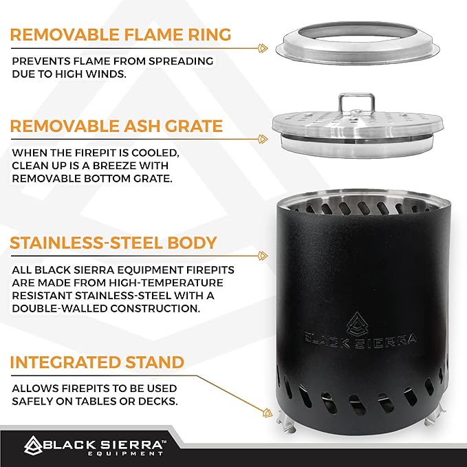 Black Sierra Tabletop Smokeless 7" Black Mini Firepit Burns Wood Pellets, Stainless Steel for Camping, Outdoor & Patio, Wood Burning Portable Bonfire Perfect for Smore's